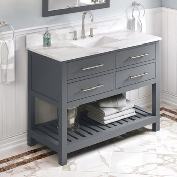 48" Grey Wavecrest Vanity, Calacatta Vienna Quartz Vanity Top, Undermount Rectangle Bowl