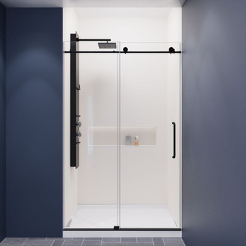 ANZZI Leon Series 48 In. By 76 In. Frameless Sliding Shower Door In Matte Black With Handle - SD-AZ8077-01MB