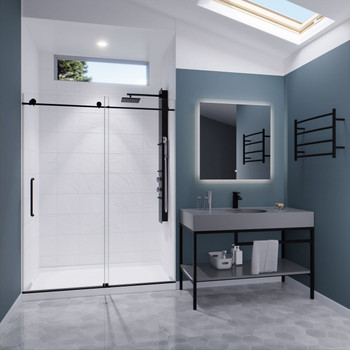 ANZZI Leon Series 60 In. By 76 In. Frameless Sliding Shower Door In Matte Black With Handle - SD-AZ8077-02MB