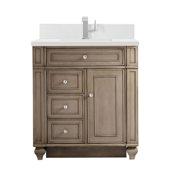Bristol 30" Single Vanity, Whitewashed Walnut w/ Single Hole 3 CM White Zeus Silestone Top & Backsplash