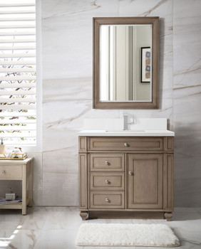 Bristol 36" Single Vanity, Whitewashed Walnut w/ Single Hole 3 CM White Zeus Silestone Top & Backsplash