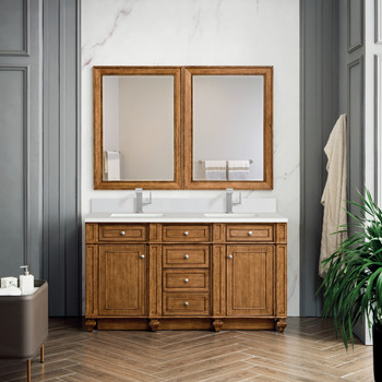 Bristol 60" Double Vanity, Saddle Brown w/ Single Hole 3 CM White Zeus Silestone Top & Backsplash