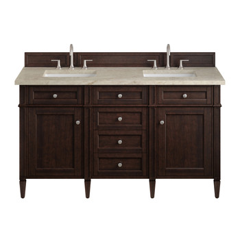 Brittany 60" Double Vanity, Burnished Mahogany, w/ 3 CM Tajnar Eclos Top w/FreePower Wireless Charger