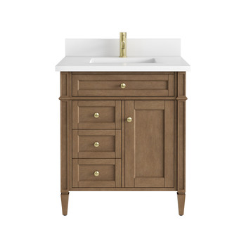 Brittany 30" Single Vanity, Pecan w/ Single Hole 3 CM White Zeus Silestone Top and Matching Backsplash