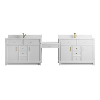 Bellshire 120" Dual Vanity Set with 24" Make-Up Counter, Bright White w/Single Hole 3 cm White Zeus Silestone Top & Backsplash