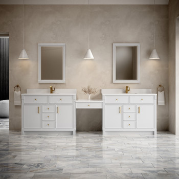Bellshire 120" Dual Vanity Set with 24" Make-Up Counter, Bright White w/Single Hole 3 cm White Zeus Silestone Top & Backsplash