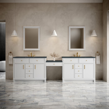 Bellshire 120" Dual Vanity Set with 24" Make-Up Counter, Bright White w/3 cm Charcoal Soapstone Silestone Top