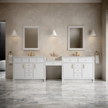 Bellshire 120" Dual Vanity Set with 24" Make-Up Counter, Bright White w/3 cm Ethereal Noctis Silestone Top
