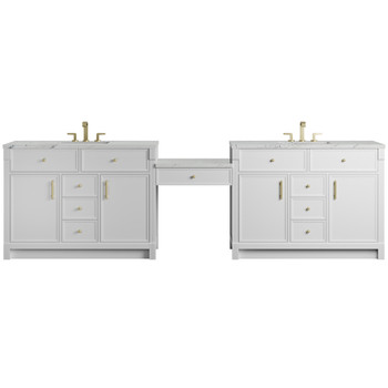 Bellshire 120" Dual Vanity Set with 24" Make-Up Counter, Bright White w/3 cm Ethereal Noctis Silestone Top w/FreePower Wireless Charger