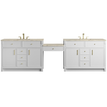 Bellshire 120" Dual Vanity Set with 24" Make-Up Counter, Bright White w/3 cm Tajnar Eclos Top w/FreePower Wireless Charger