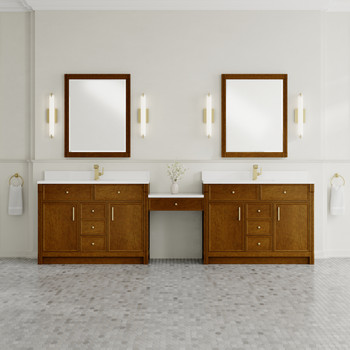 Bellshire 120" Dual Vanity Set with 24" Make-Up Counter, Honey Oak w/Single Hole 3 cm White Zeus Silestone Top & Backsplash