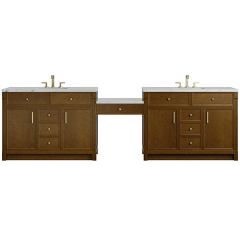 Bellshire 120" Dual Vanity Set with 24" Make-Up Counter, Honey Oak w/3 cm Ethereal Noctis Silestone Top w/FreePower Wireless Charger