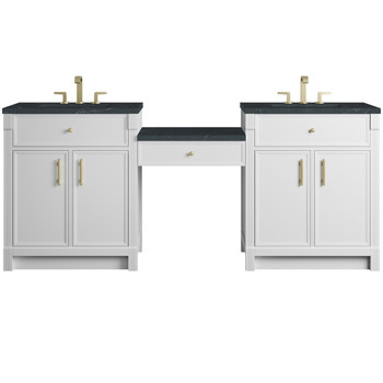 Bellshire 84" Dual Vanity Set with 24" Make-Up Counter, Bright White w/3 cm Charcoal Soapstone Silestone Top