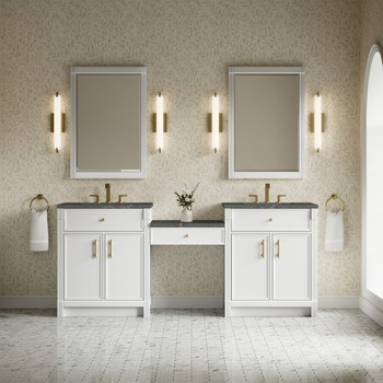 Bellshire 84" Dual Vanity Set with 24" Make-Up Counter, Bright White w/3 cm Parisien Bleu Silestone Top
