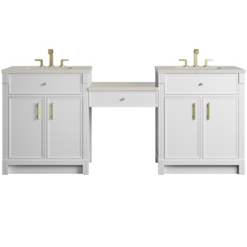 Bellshire 84" Dual Vanity Set with 24" Make-Up Counter, Bright White w/3 cm Siberian Silestone Top