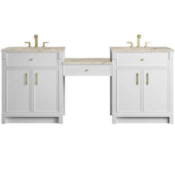 Bellshire 84" Dual Vanity Set with 24" Make-Up Counter, Bright White w/3 cm Tajnar Eclos Top
