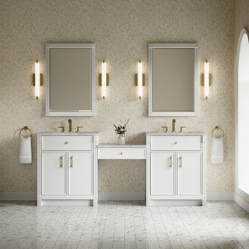 Bellshire 84" Dual Vanity Set with 24" Make-Up Counter, Bright White w/3 cm Victorian Silver Silestone Top