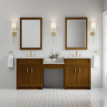 Bellshire 84" Dual Vanity Set with 24" Make-Up Counter, Honey Oak w/3 cm Eternal Jasmine Pearl Silestone Top