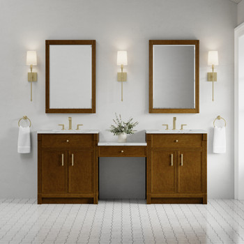 Bellshire 84" Dual Vanity Set with 24" Make-Up Counter, Honey Oak w/3 cm Ethereal Noctis Silestone Top