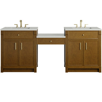 Bellshire 84" Dual Vanity Set with 24" Make-Up Counter, Honey Oak w/3 cm Lime Delight Silestone Top