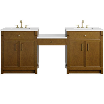 Bellshire 84" Dual Vanity Set with 24" Make-Up Counter, Honey Oak w/3 cm White Zeus Silestone Top