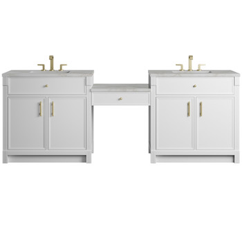 Bellshire 96" Dual Vanity Set with 24" Make-Up Counter, Bright White w/3 cm Victorian Silver Silestone Top