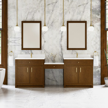 Bellshire 96" Dual Vanity Set with 24" Make-Up Counter, Honey Oak w/Single Hole 3 cm White Zeus Silestone Top & Backsplash
