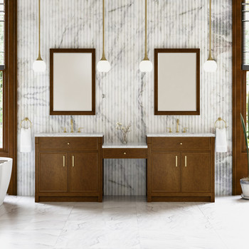 Bellshire 96" Dual Vanity Set with 24" Make-Up Counter, Honey Oak w/3 cm Eternal Jasmine Pearl Silestone Top