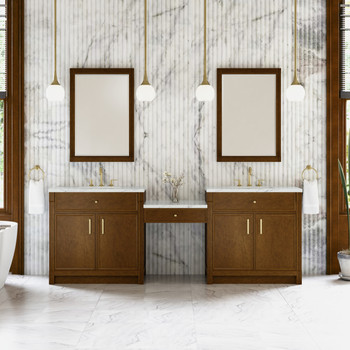 Bellshire 96" Dual Vanity Set with 24" Make-Up Counter, Honey Oak w/3 cm Ethereal Noctis Silestone Top