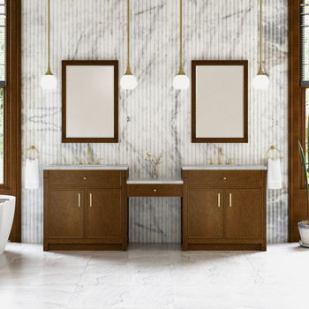 Bellshire 96" Dual Vanity Set with 24" Make-Up Counter, Honey Oak w/3 cm Victorian Silver Silestone Top