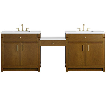 Bellshire 96" Dual Vanity Set with 24" Make-Up Counter, Honey Oak w/3 cm White Zeus Silestone Top