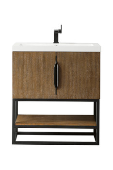 Columbia 31.5" Single Vanity, Latte Oak, Matte Black, w/ White Glossy Composite Stone Top