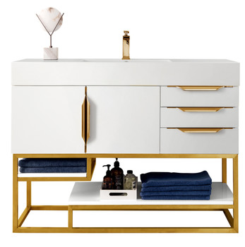 Columbia 48" Single Vanity, Glossy White, Radiant Gold w/ Glossy White Composite Stone Top