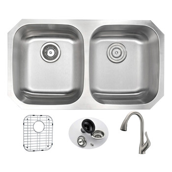 ANZZI Moore Undermount 32 In. Double Bowl Kitchen Sink With Accent Faucet In Brushed Nickel - KAZ3218-031B