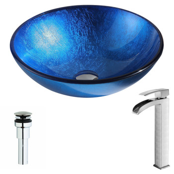 ANZZI Clavier Series Deco-glass Vessel Sink In Lustrous Blue With Key Faucet In Brushed Nickel - LSAZ027-097B