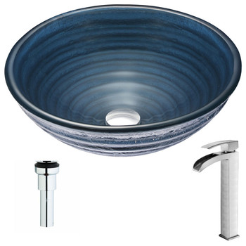 ANZZI Tempo Series Deco-glass Vessel Sink In Coiled Blue With Key Faucet In Polished Chrome - LSAZ042-097