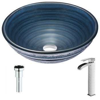 ANZZI Tempo Series Deco-glass Vessel Sink In Coiled Blue With Key Faucet In Brushed Nickel - LSAZ042-097B