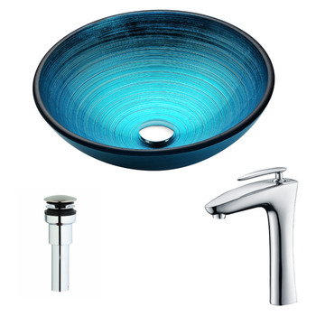 ANZZI Enti Series Deco-glass Vessel Sink In Lustrous Blue With Crown Faucet In Polished Chrome - LSAZ045-022