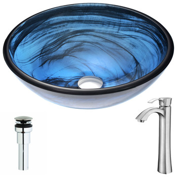 ANZZI Soave Series Deco-glass Vessel Sink In Sapphire Wisp With Harmony Faucet In Brushed Nickel - LSAZ048-095B