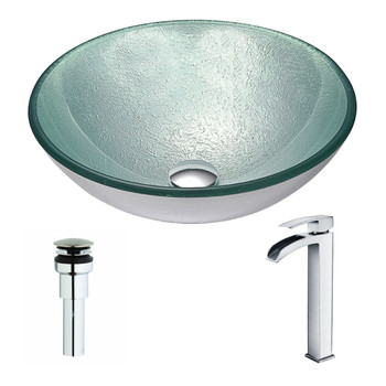 ANZZI Spirito Series Deco-glass Vessel Sink In Churning Silver With Key Faucet In Polished Chrome - LSAZ055-097
