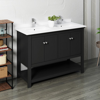 Fresca Manchester 48" Black Traditional Double Sink Bathroom Cabinet W/ Top & Sinks - FCB2348BL-D-CWH-U