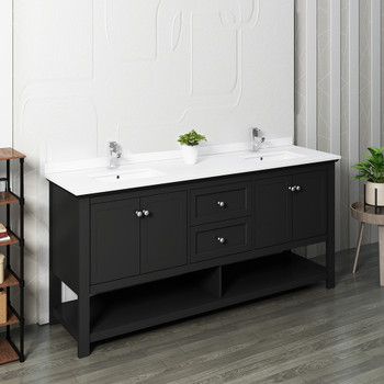 Fresca Manchester 72" Black Traditional Double Sink Bathroom Cabinet W/ Top & Sinks - FCB2372BL-D-CWH-U