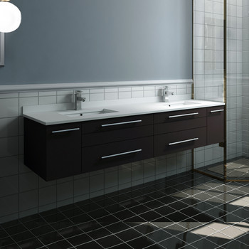 Fresca Lucera 72" Espresso Wall Hung Modern Bathroom Cabinet W/ Top & Double Undermount Sinks - FCB6172ES-UNS-D-CWH-U
