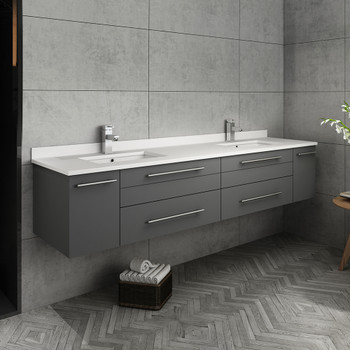 Fresca Lucera 72" Gray Wall Hung Modern Bathroom Cabinet W/ Top & Double Undermount Sinks - FCB6172GR-UNS-D-CWH-U