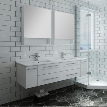Fresca Lucera 60" White Wall Hung Double Undermount Sink Modern Bathroom Vanity W/ Medicine Cabinets - FVN6160WH-UNS-D