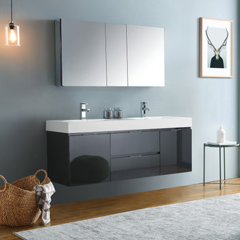 Fresca Valencia 60" Dark Slate Gray Wall Hung Double Sink Modern Bathroom Vanity W/ Medicine Cabinet - FVN8360GG-D
