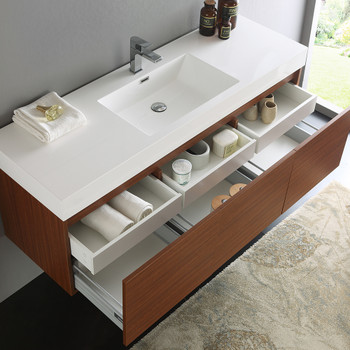 Fresca Mezzo 60" Teak Wall Hung Single Sink Modern Bathroom Cabinet W/ Integrated Sink - FCB8041TK-I