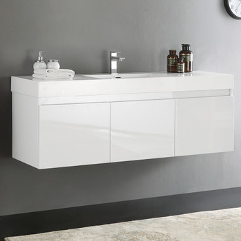 Fresca Mezzo 60" White Wall Hung Single Sink Modern Bathroom Cabinet W/ Integrated Sink - FCB8041WH-I