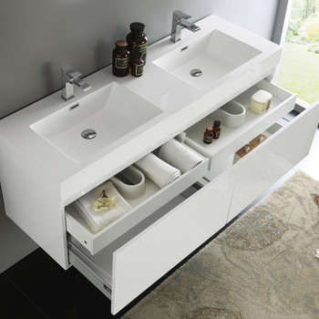 Fresca Mezzo 60" White Wall Hung Double Sink Modern Bathroom Cabinet W/ Integrated Sink - FCB8042WH-I