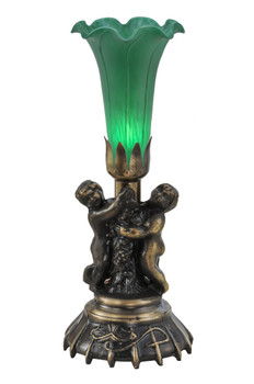 Meyda 13"high Green Twin Cherub Pond Lily Mini Lamp - 11026